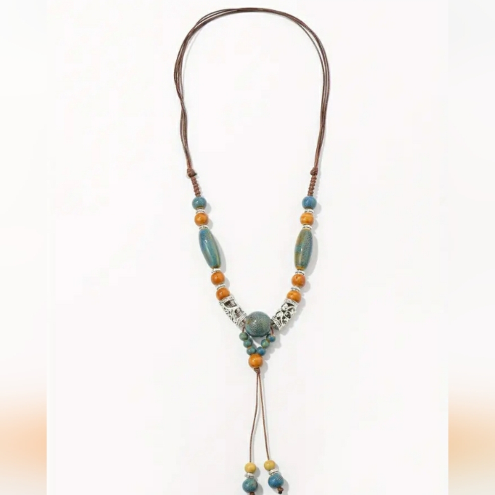 Ceramic Beads and Silvertone Charms Necklace, NWT